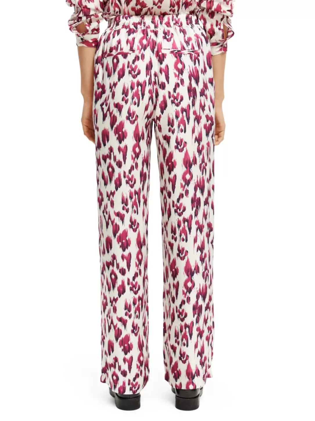 Scotch and Soda Gia Mid-Rise Wide-Leg Printed Elasticated Trousers Brushed Ikat Cherry Pie Shop