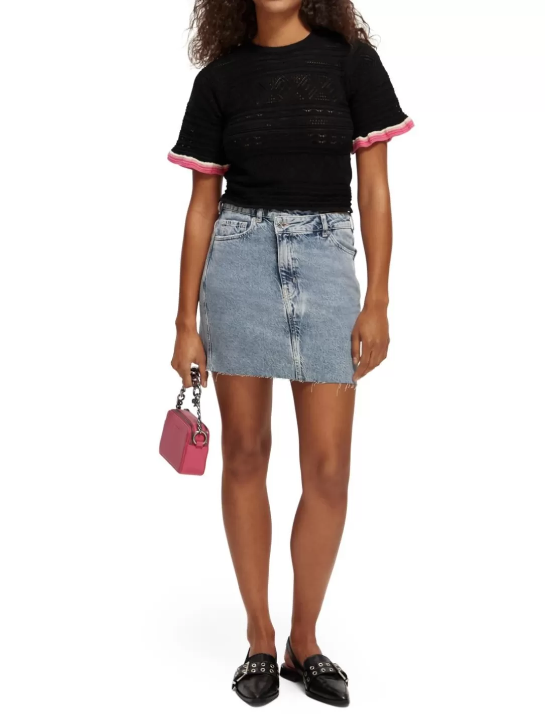 Scotch and Soda Knitted Pointelle Crop Top Black Clearance