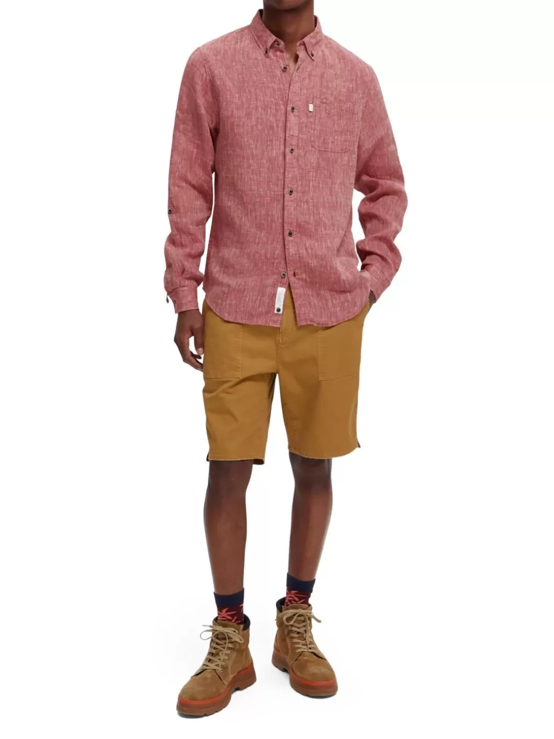 Scotch and Soda Linen Rolled-Sleeve Shirt Red Earth Outlet