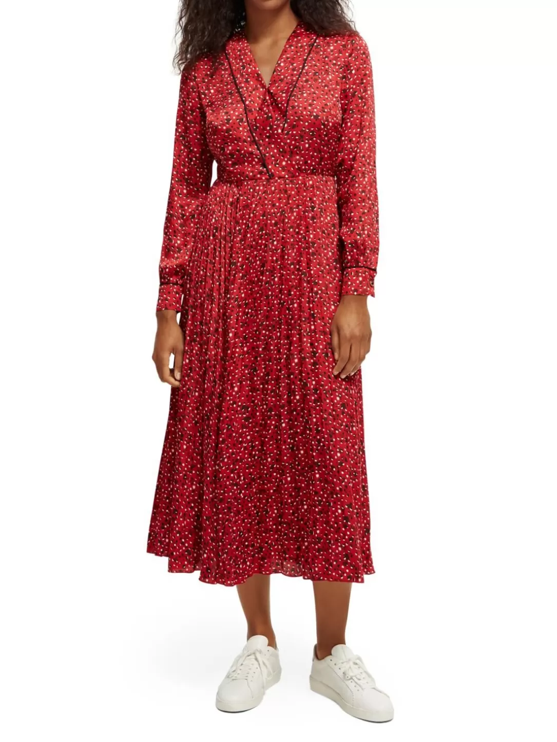 Scotch and Soda Long-Sleeved Pleated Midi Dress Space Floral Electric Red Sale