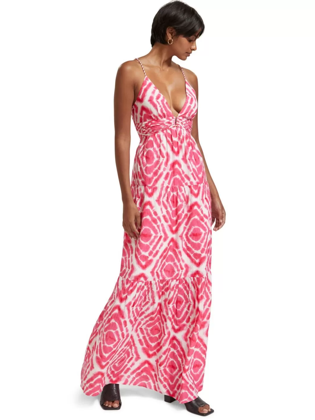 Scotch and Soda Maxi Waisted Dress Disco Tie Dye Pop Pink Clearance