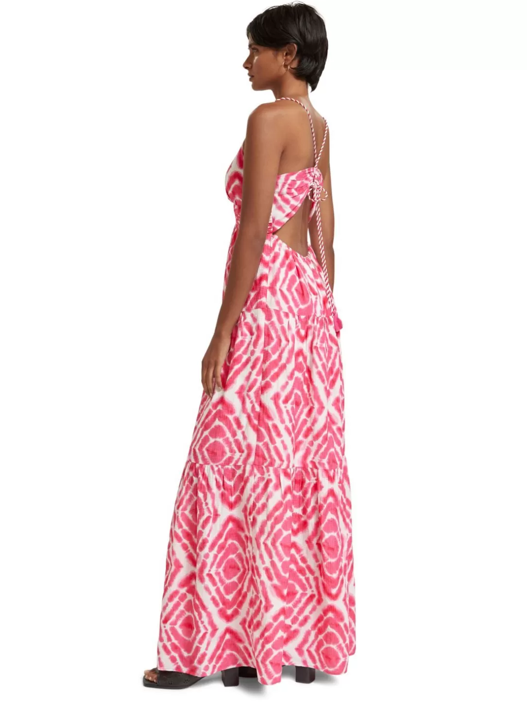 Scotch and Soda Maxi Waisted Dress Disco Tie Dye Pop Pink Clearance