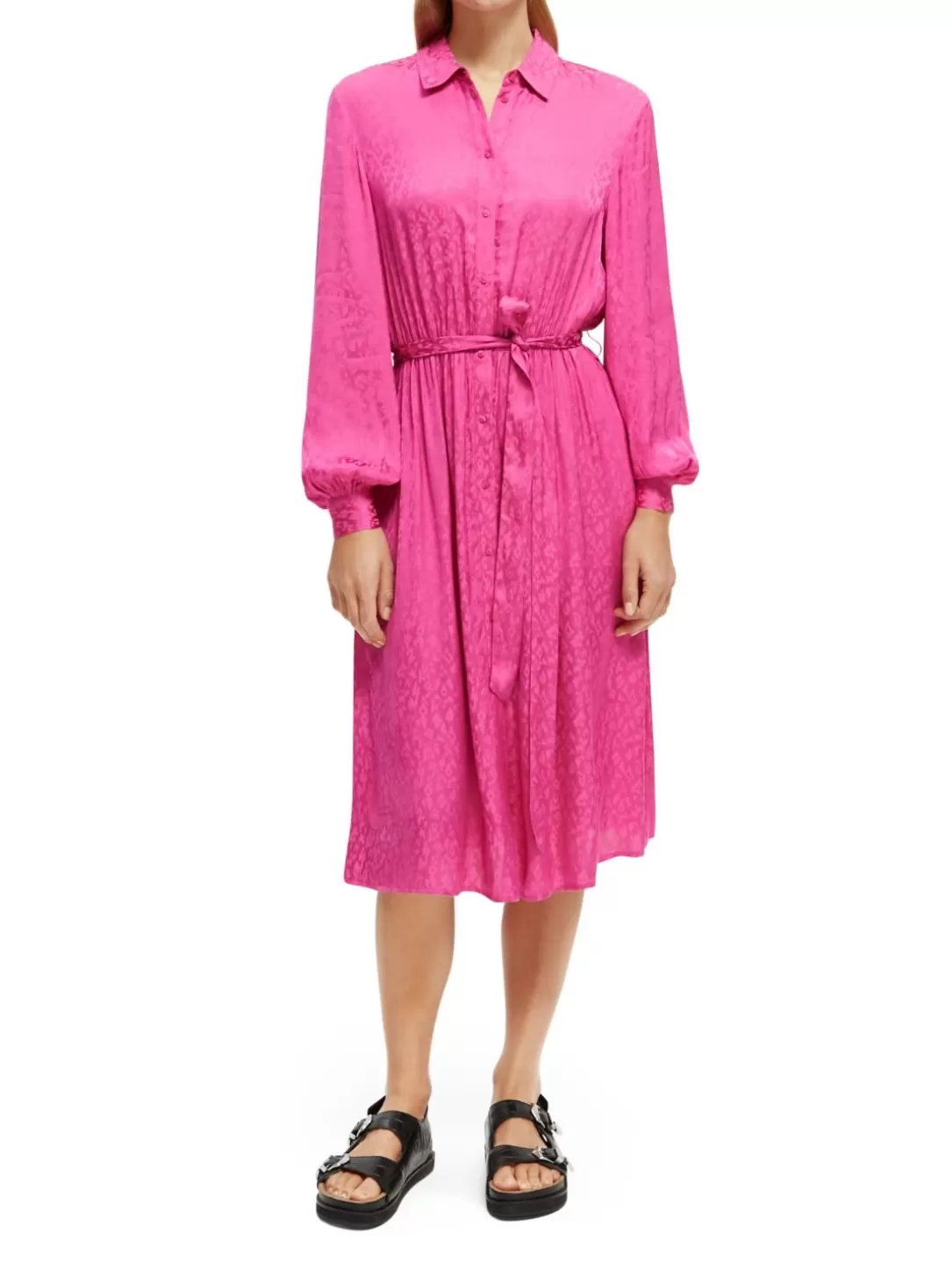 Scotch and Soda Relaxed Fit Printed Midi Jacquard Shirt Dress Fuchsia Cheap