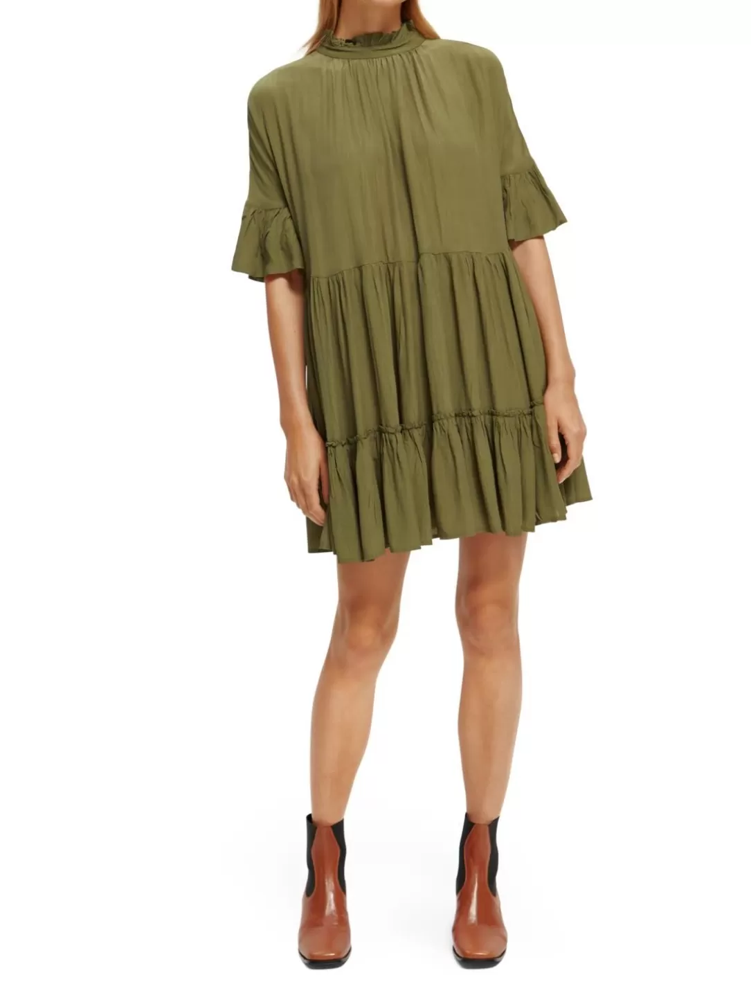 Scotch and Soda Ruffle-Sleeved Tiered Mini Dress Army Green Best