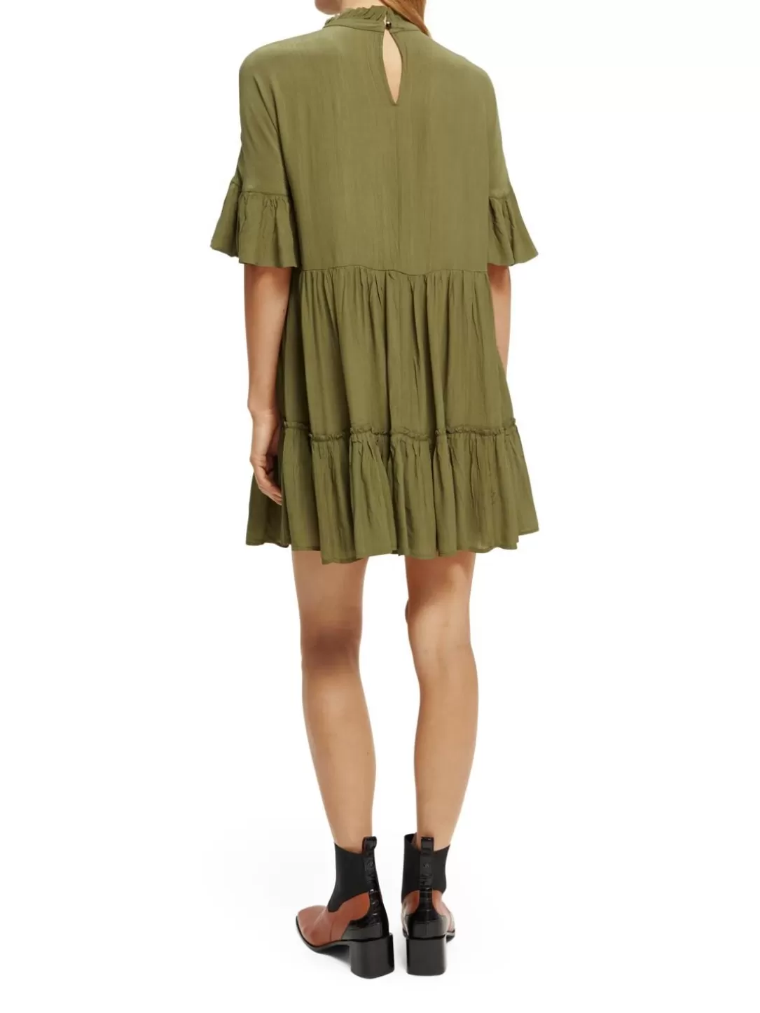 Scotch and Soda Ruffle-Sleeved Tiered Mini Dress Army Green Best