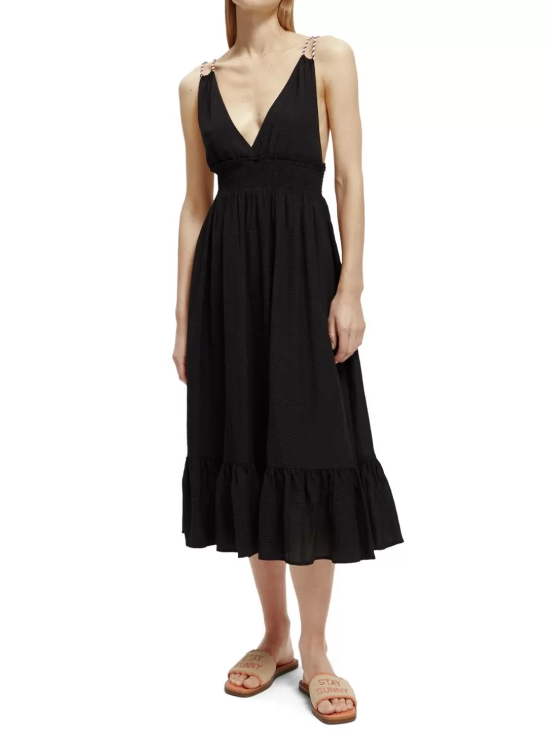 Scotch and Soda Smocked Midi Strap Dress Black Flash Sale