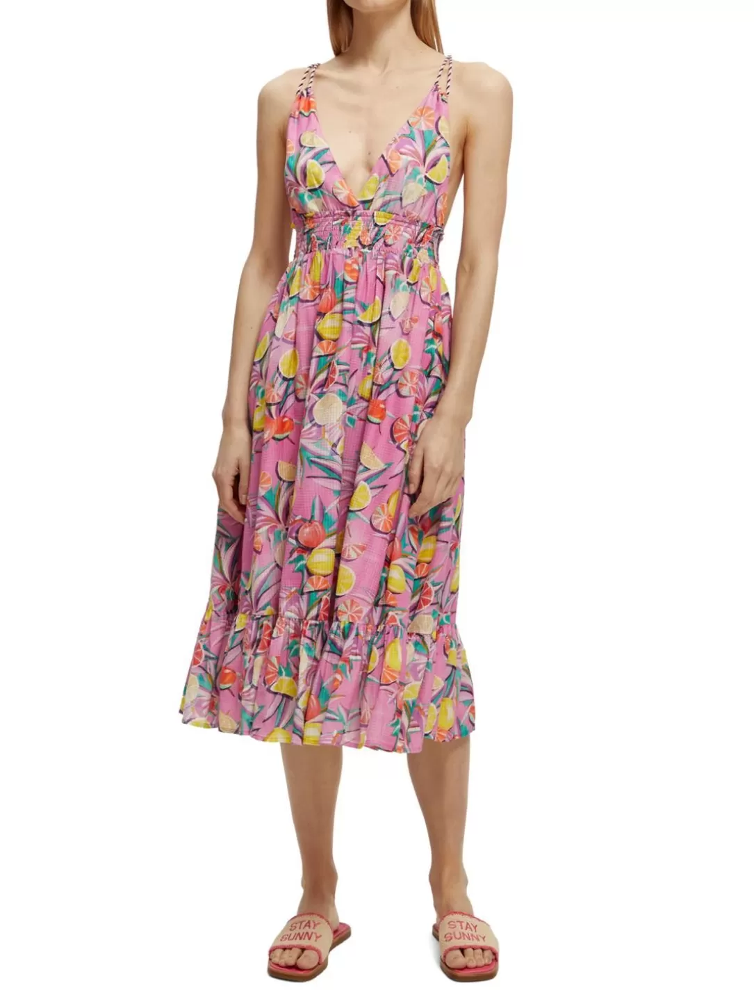 Scotch and Soda Smocked Midi Strap Dress Citrus Squash Orchid Fashion