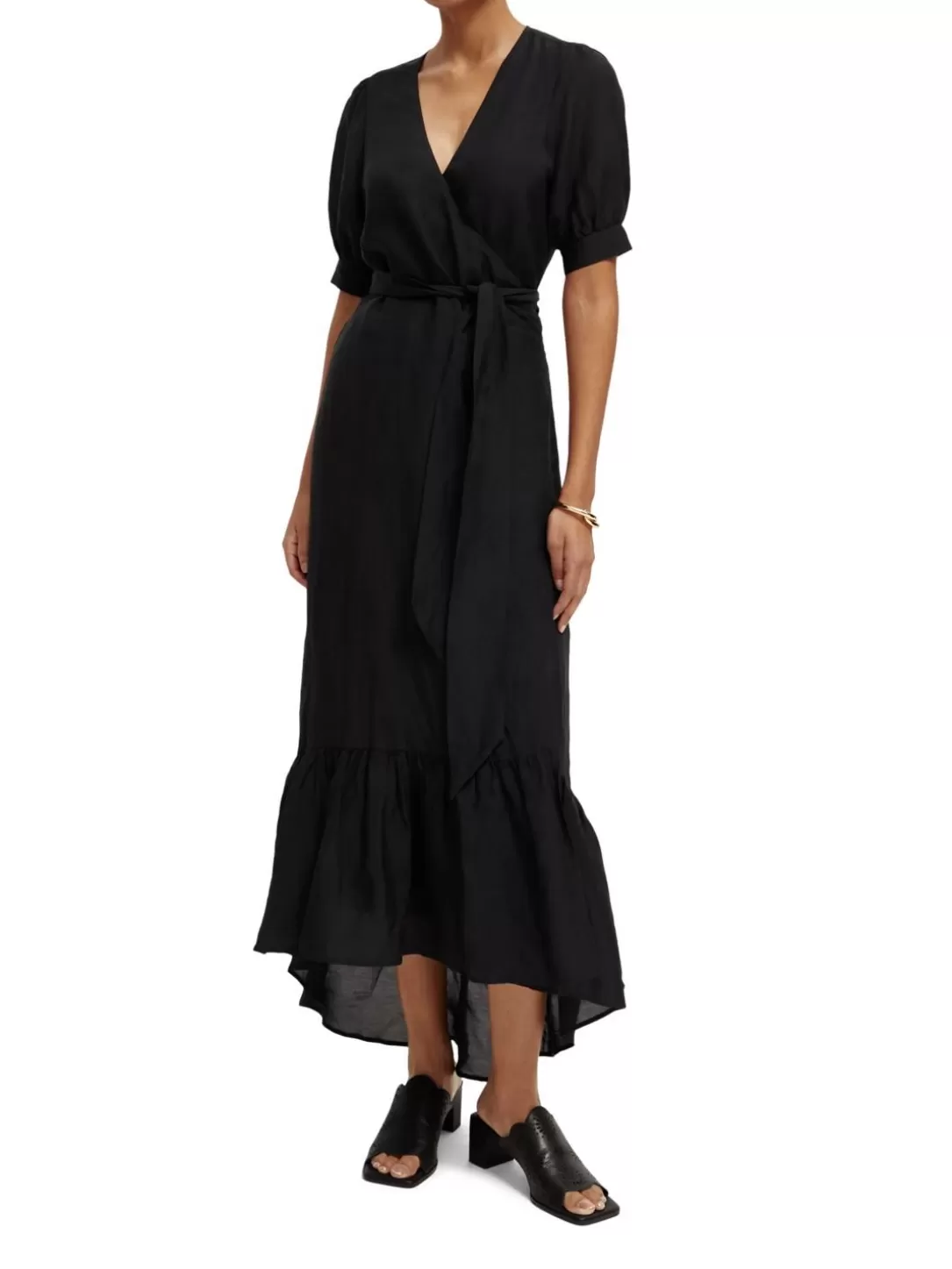 Scotch and Soda V-Neck Elbow-Sleeved Midi Dress Black Best